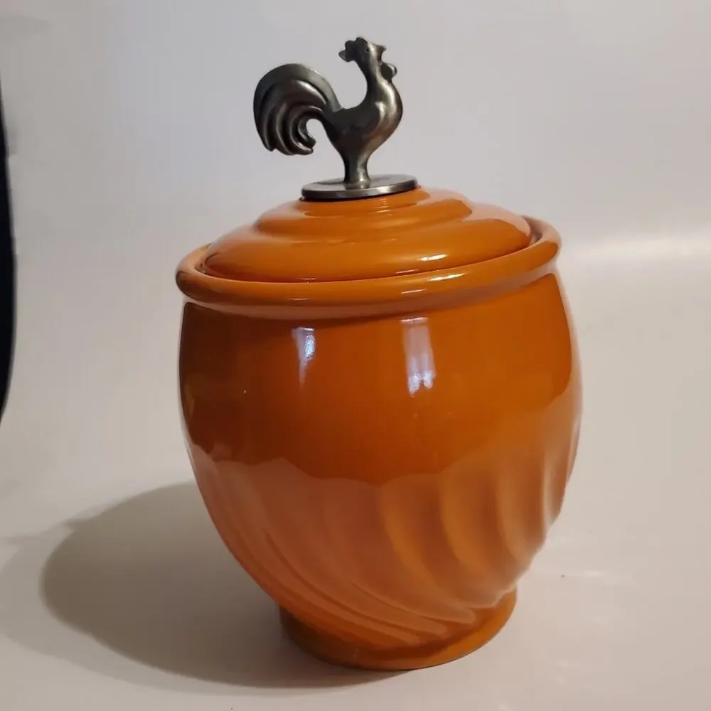 Lillian Vernon Orange Rooster handled lidded storage canister for kitchen 5.5